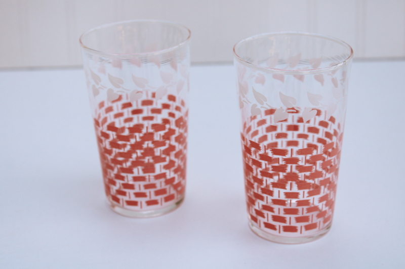 MCM vintage Federal glass white pink basketweave print drinking glasses, retro kitchen glass tumblers