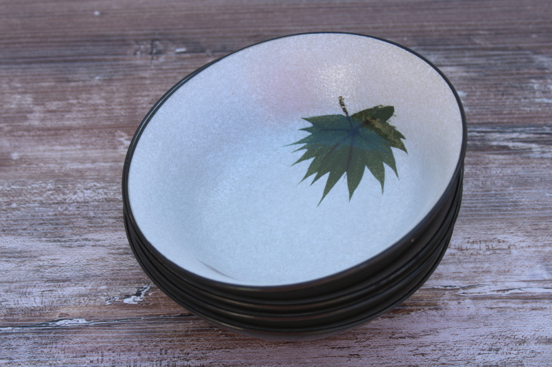 MCM vintage Maple Leaf pattern Harmony House bowls, mod design textured ceramic w/ glossy black