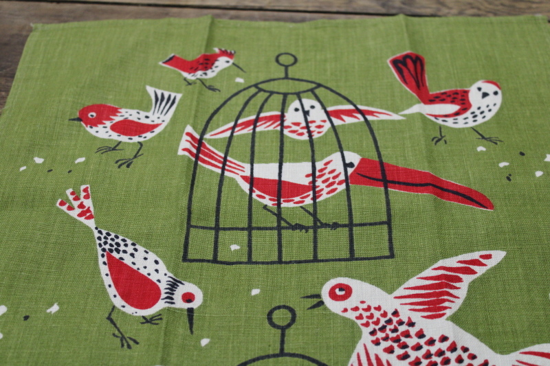 MCM vintage Tammis Keefe art print linen tea towel, birds  birdcages