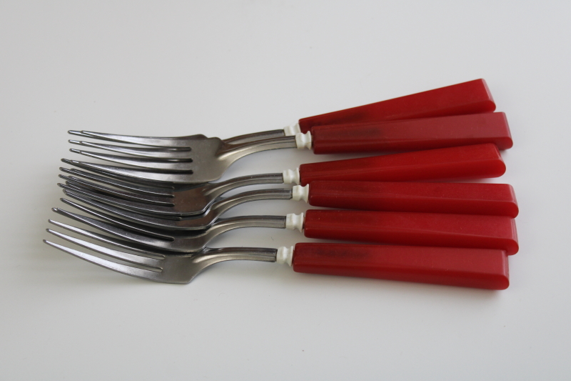 MCM vintage cherry bakelite handled forks, stainless flatware retro red  white