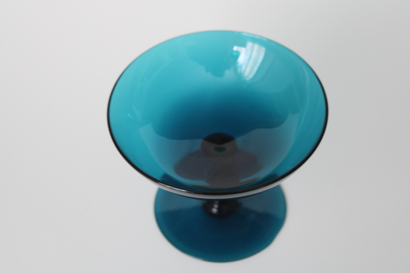 MCM vintage deep teal blue art glass candy dish, hand blown Italian twist stem pedestal bowl
