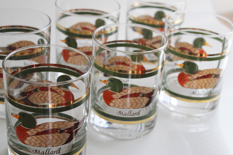 MCM vintage double old fashioned glasses set of 6, Mallard drake duck print w/ gold  green bands
