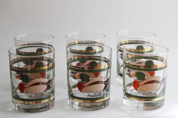 MCM vintage double old fashioned glasses set of 6, Mallard drake duck print w/ gold  green bands