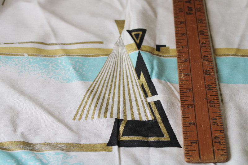 MCM vintage drapery or upholstery fabric, large abstract print aqua, metallic gold  black on ivory