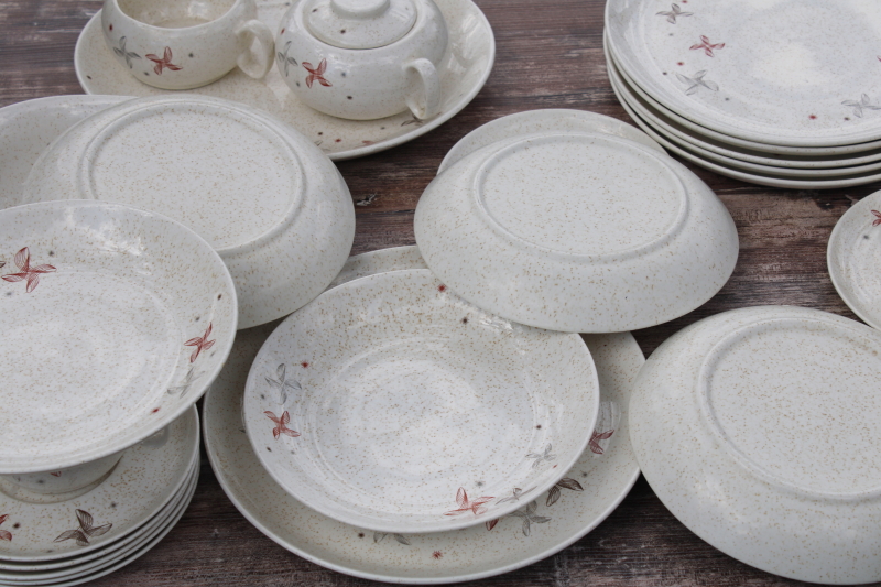 MCM vintage pottery dinnerware set for six, WS George Sierra tan w/ atomic spirograph starburst design