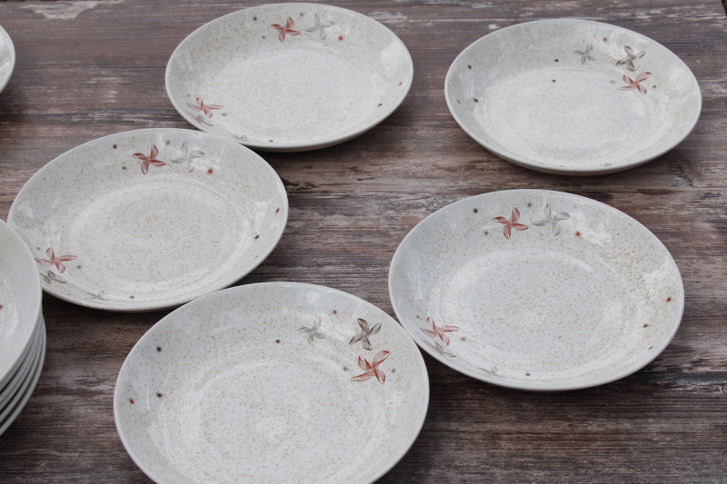 MCM vintage pottery dinnerware set for six, WS George Sierra tan w/ atomic spirograph starburst design