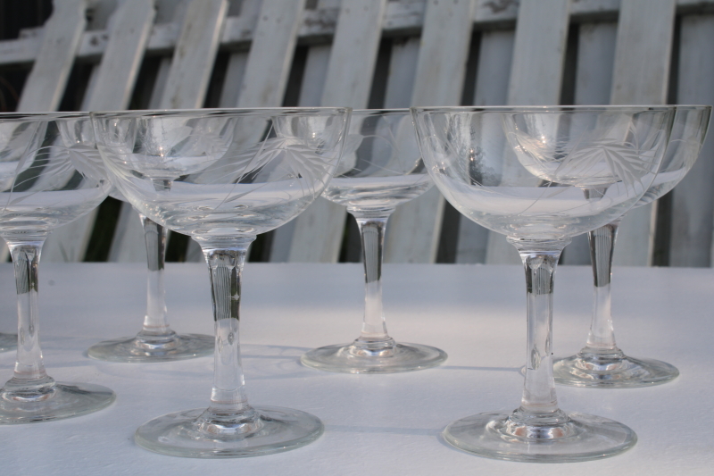 MCM vintage stemware, wheat pattern etched coupe glasses, harvest table champagne or cocktail glasses