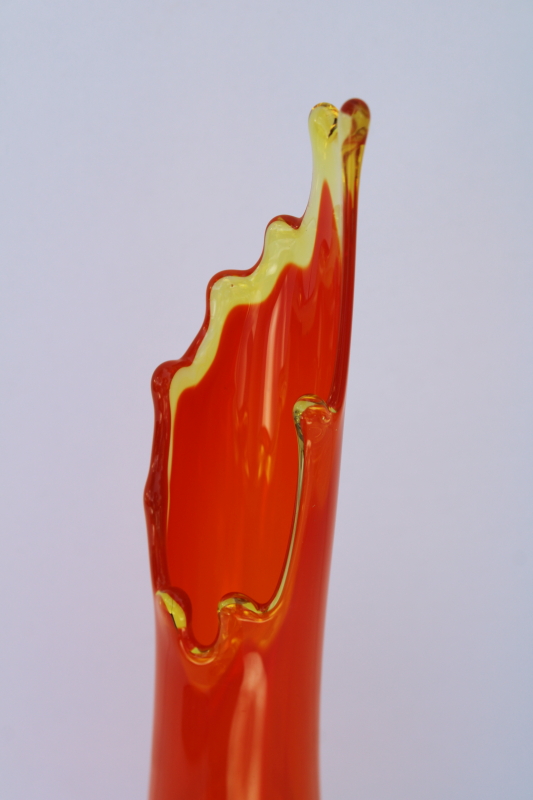 MCM vintage three toed swung vase, amberina orange hand blown art glass Smith or Fayette?