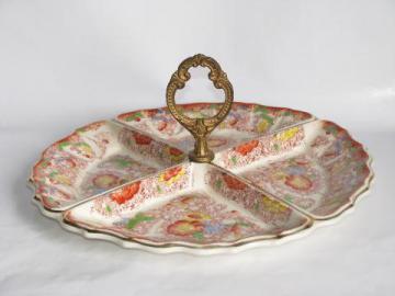 Made in Japan vintage oriental peonies china, divided relish tray plate w/ handle