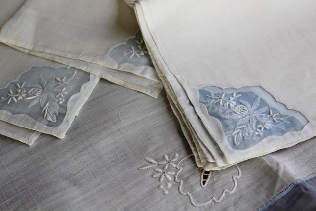 Madeira vintage embroidered cotton banquet tablecloth & 12 napkins, wedding blue & white