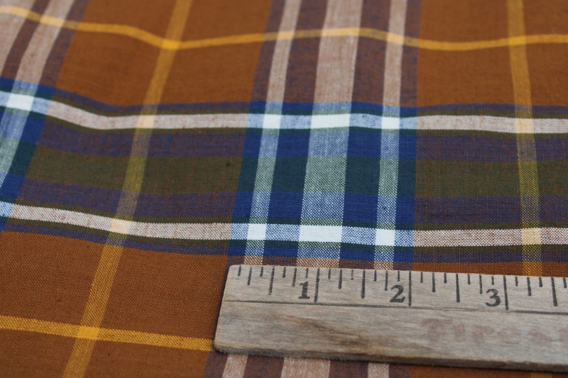 Madras cotton plaid shirting, vintage fabric, copper brown gold navy blue woven plaid