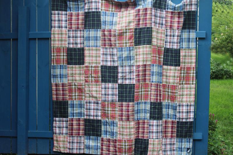 Madras plaid patchwork cotton fabric shower curtain, 90s vintage preppy style bath decor
