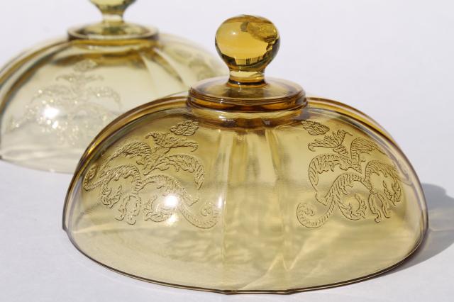 Madrid / Recollection pattern yellow amber depression glass round butter dish dome covers