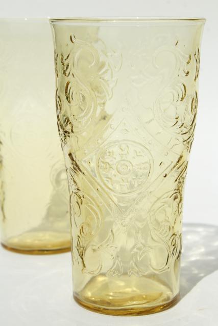 Madrid / Recollection tall iced tea glasses, 12 tumblers amber yellow depression glass