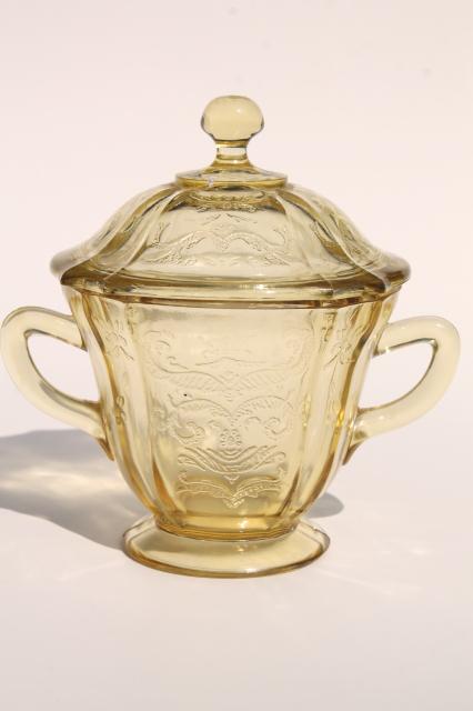 Madrid amber yellow depression glass, vintage cream pitcher & sugar bowl set