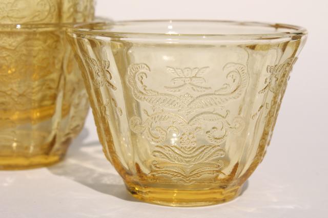 Madrid pattern amber yellow depression glass, small dishes or jello molds