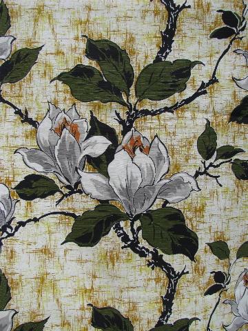 Magnolia flowers, vintage floral print cotton barkcloth fabric, never used