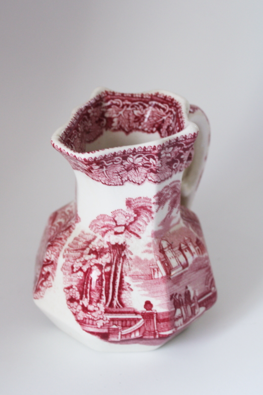 Masons Vista pink red transferware china, English country scene vintage cream pitcher