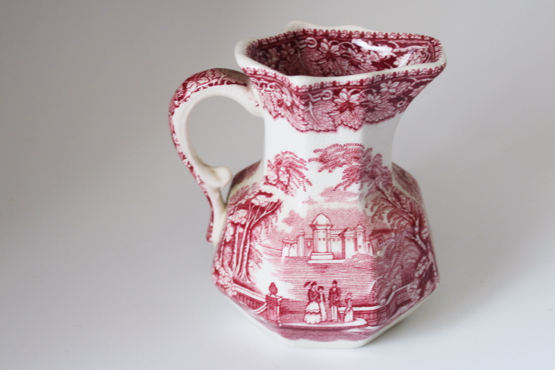 Masons Vista pink red transferware china, English country scene vintage cream pitcher