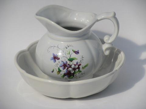 McCoy pottery, vintage china wash pitcher and bowl set, purple violets