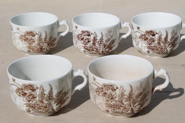 Meakin - Essex antique brown transferware ironstone china mug cups poppies & wildflowers