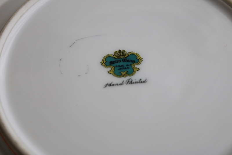 Meito Japan vintage hand painted china serving bowl, mint green border floral w/ gold