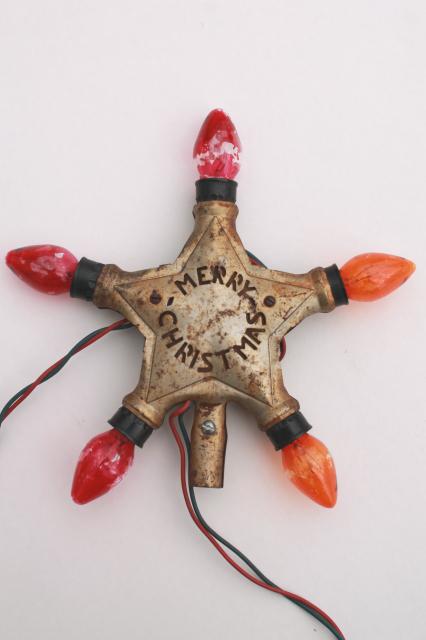 Merry Christmas vintage tree topper tin star, old electric light bulbs lighted ornament