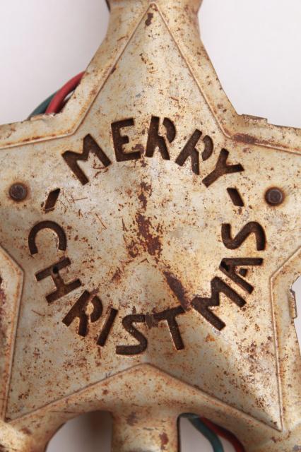 Merry Christmas vintage tree topper tin star, old electric light bulbs lighted ornament