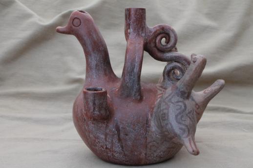 Mexican / Central American pottery candle holder pot, jug shape w/ hand painted birds