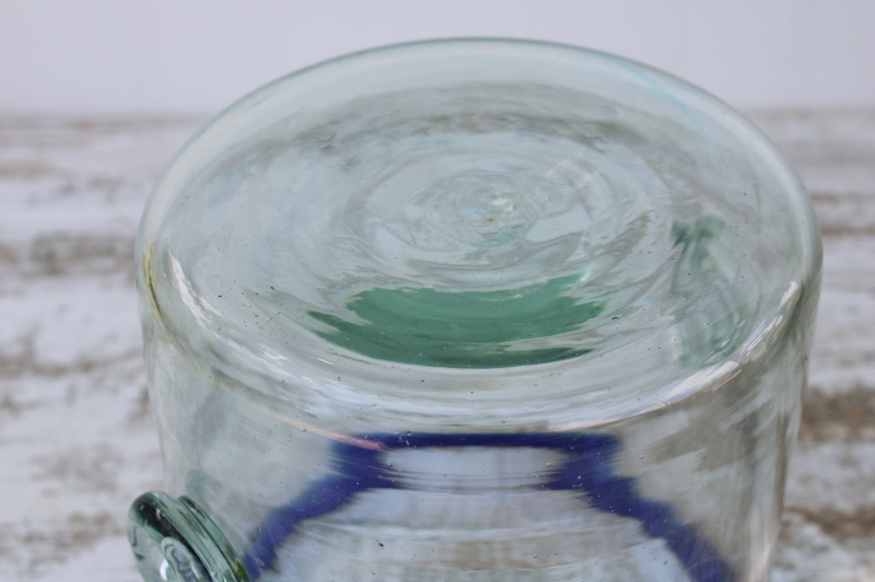 Mexican glass ice bucket, vintage cobalt blue rim hand blown glass barware