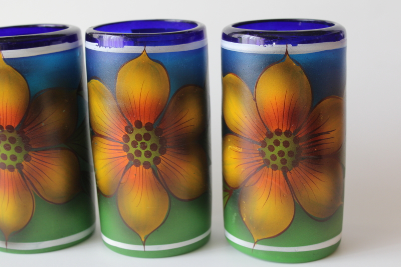 Mexican hand blown glass w/ hand painted sunflowers, chunky tumblers, vases or drinking glasses