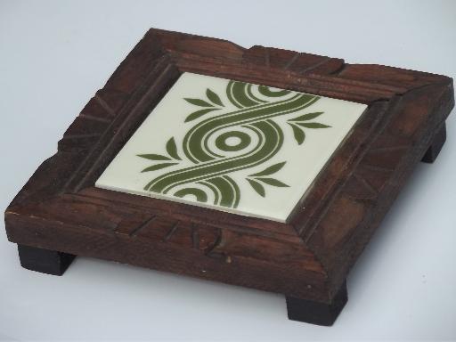 Mexican tile trivets, carved wood w/ Monterrey Mexico handpainted tiles