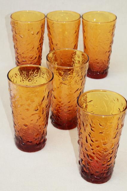 Milano Anchor Hocking amber glass ice texture tumblers, iced tea drinking glasses