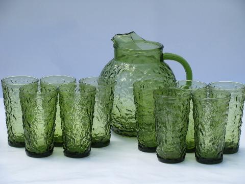 Milano vintage glass pitcher, ice tea or lemonade glasses, retro green