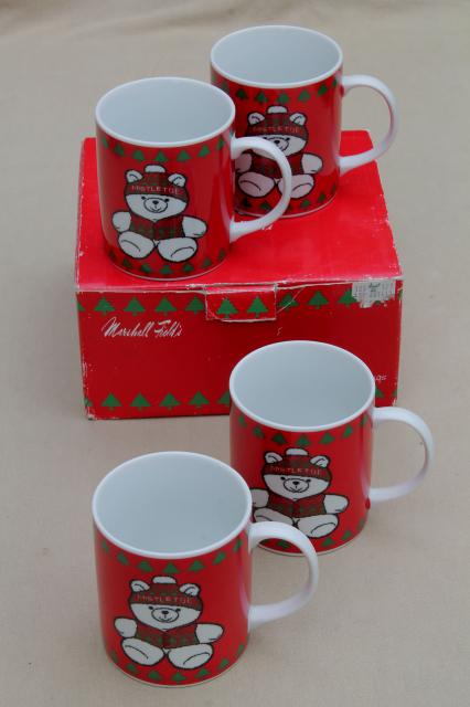 Mistletoe bear ceramic Christmas mugs, vintage Marshall Field's holiday china