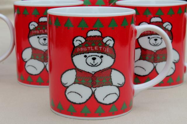 Mistletoe bear ceramic Christmas mugs, vintage Marshall Field's holiday china