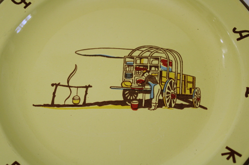 Monterrey Western Ware enamelware, vintage Mexico camp plate w/ cowboy chuck wagon