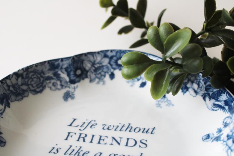Monticello blue & white china trinket dish, Jefferson quote Life without friends
