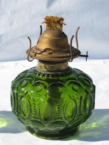 Moon & Star pattern glass, large vintage kero oil lamp, antique green color