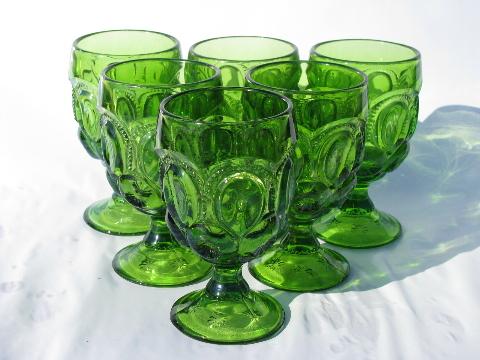 Moon & Star pattern vintage pressed glass goblets or water glasses, antique green