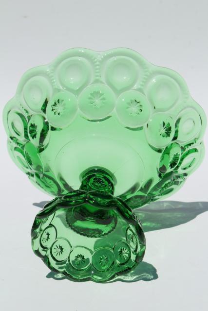 Moon and Stars pattern green glass compote pedestal stand candy dish or fruit bowl