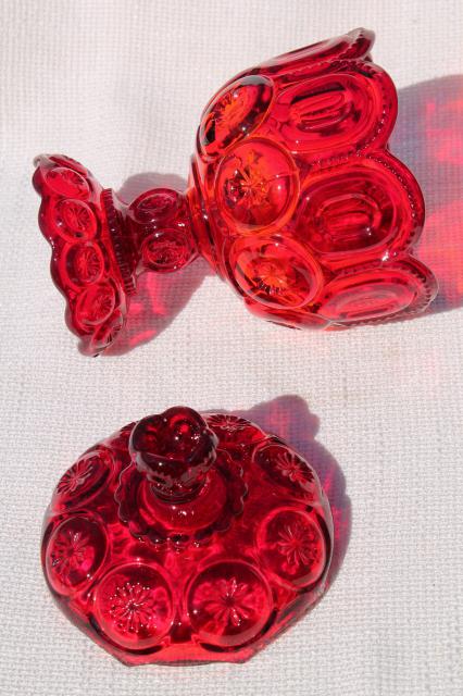 Moon & stars pressed pattern glass candy dish or small compote, ruby red glass