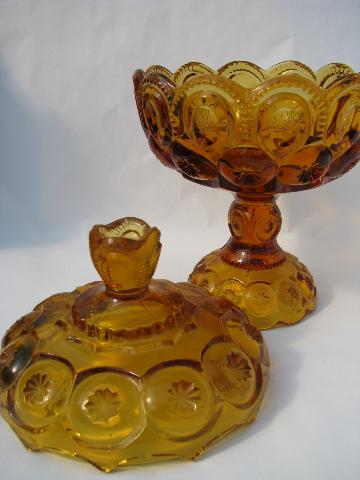 Moons and Stars pattern vintage amber glass covered candy bowl