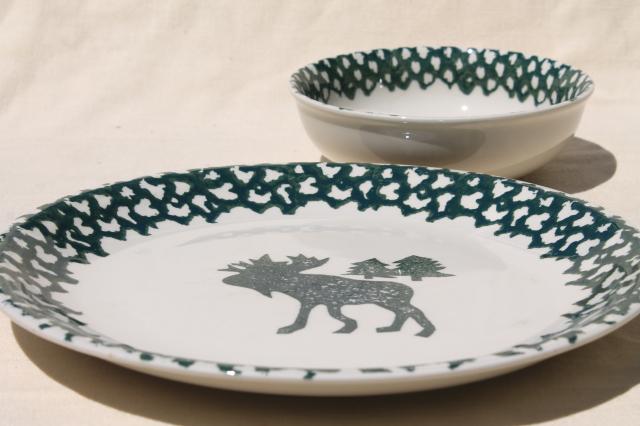 Moose Country green sponge ware stoneware dinner plates & bowls, Tienshan china