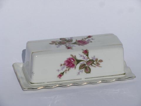 Moss Rose pink roses pattern vintage china, butter dishes, covered butter & bucket