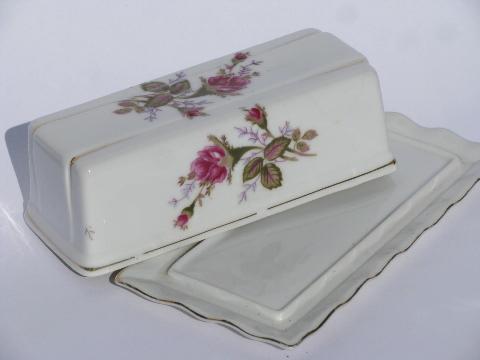 Moss Rose pink roses pattern vintage china, butter dishes, covered butter & bucket