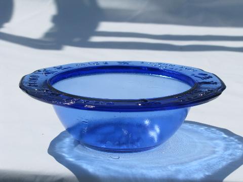 Mother Goose nursery rhyme cobalt blue glass baby bowl child's dish, vintage Tiara
