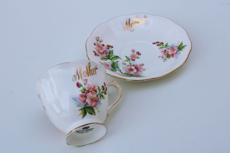 Mother tea cup  saucer set, vintage Royal Albert china pink dogwood or wild rose floral