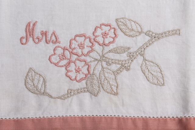 Mr. & Mrs. vintage embroidered cotton pillowcases, cute retro newlywed wedding gift