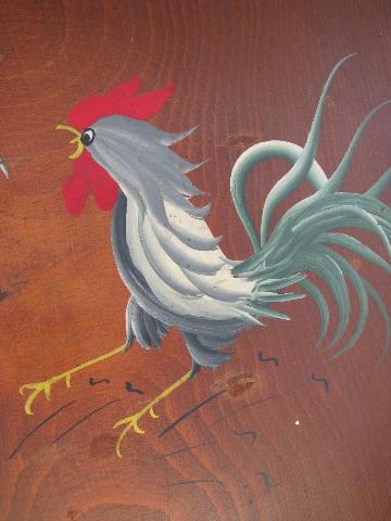 Munising vintage wood salad bowl, hand-painted roosters